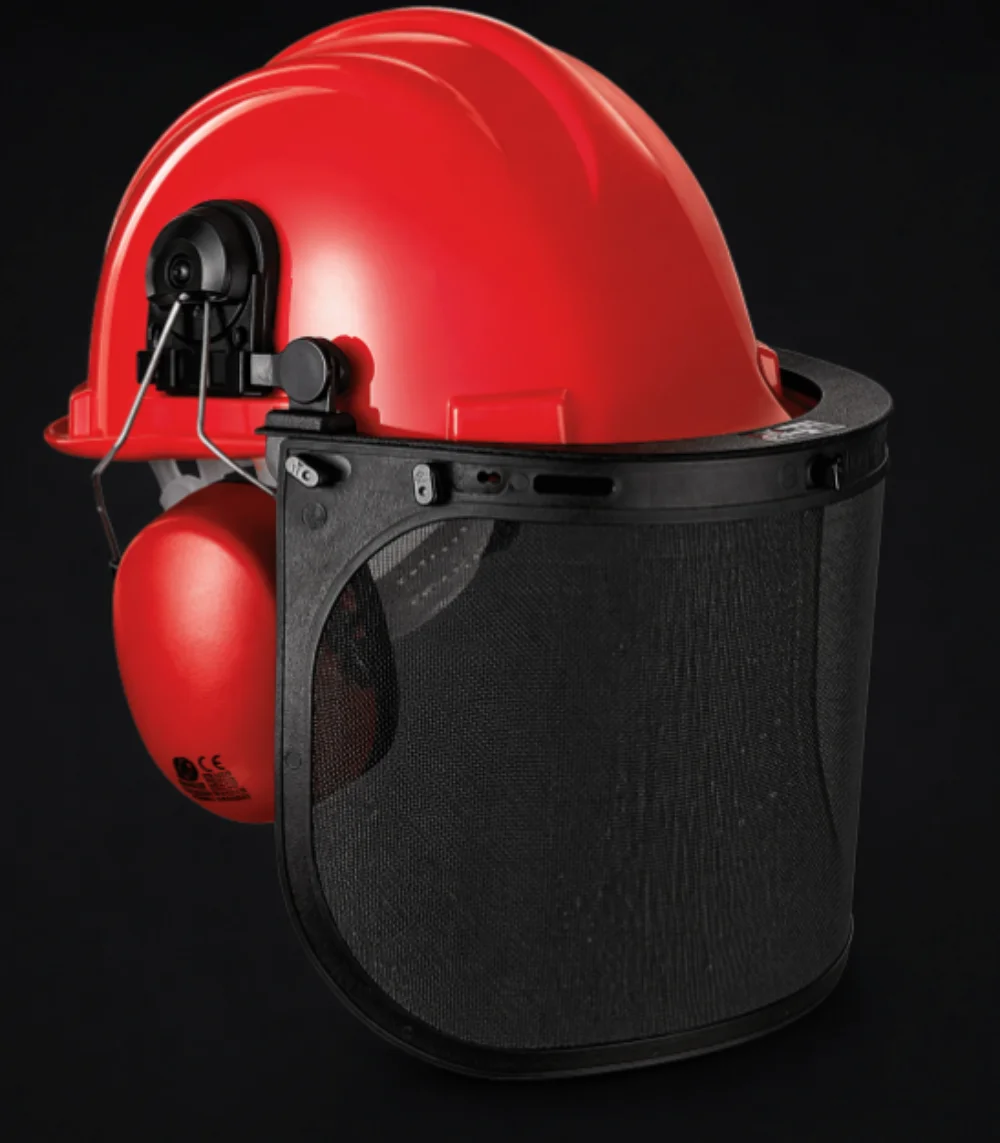Elmetto SIR Safety assemblato con cuffie antirumore e visiera a rete