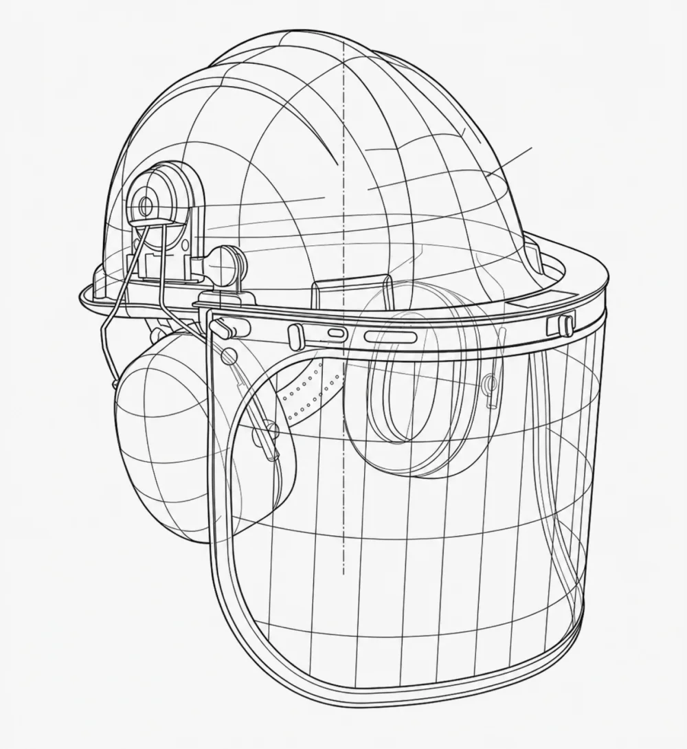 Disegno tecnico di un elmetto di protezione con visiera e cuffie antirumore